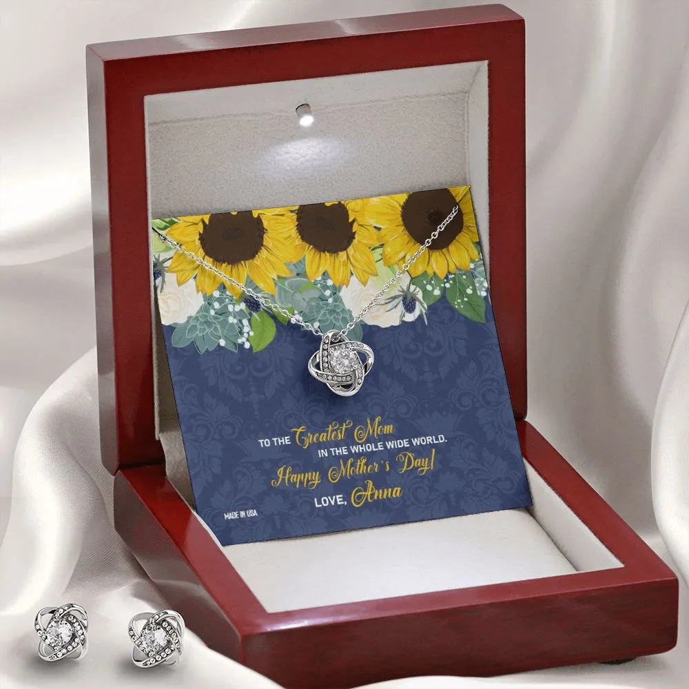 Custom Greatest Mom Sunflower 14k White Gold Interlocking Heart Pendant Necklace Jewelry Gifts For Mom Wife Grandma Auntie Mother Day