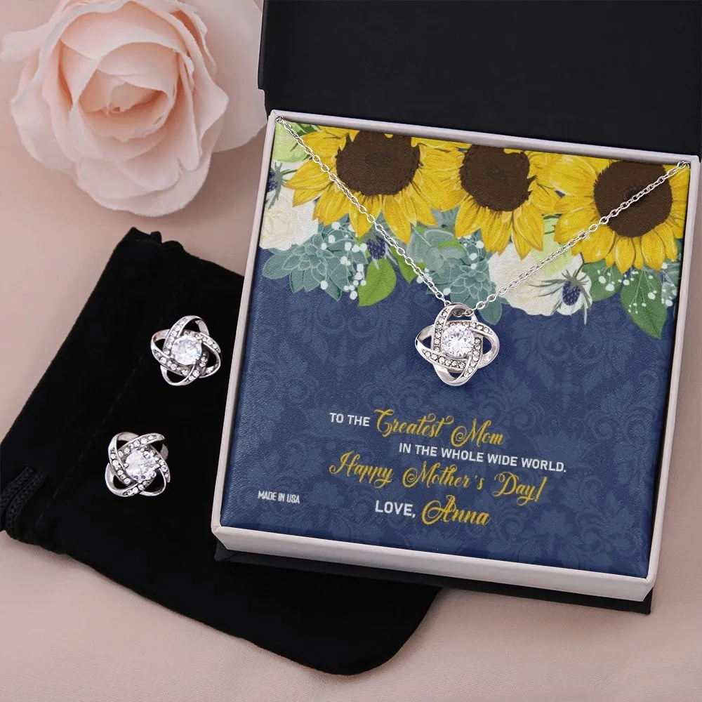 Custom Greatest Mom Sunflower 14k White Gold Interlocking Heart Pendant Necklace Jewelry Gifts For Mom Wife Grandma Auntie Mother Day