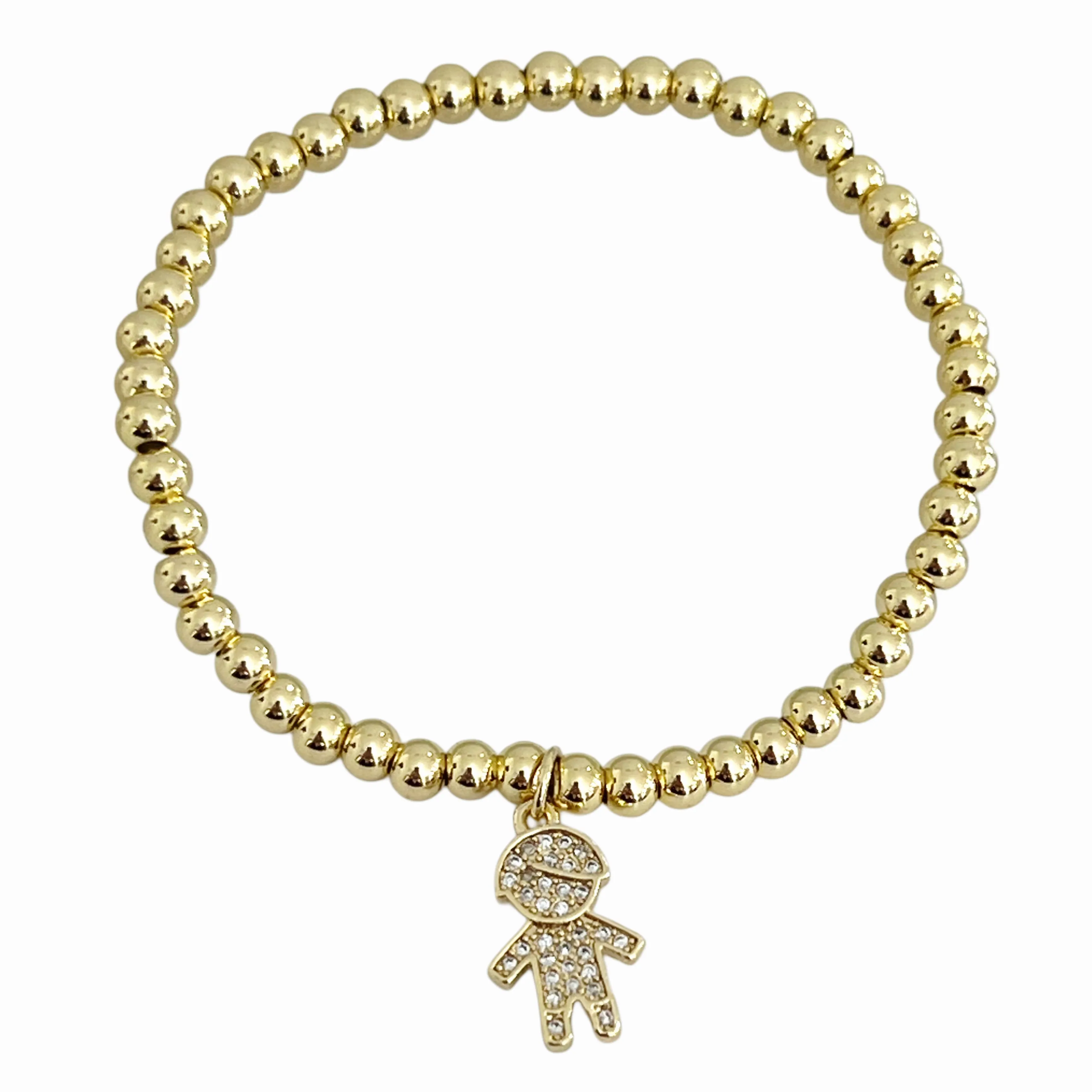 CZ Boy and Girl Beaded Stretch Bracelet - 14K Gold Plated