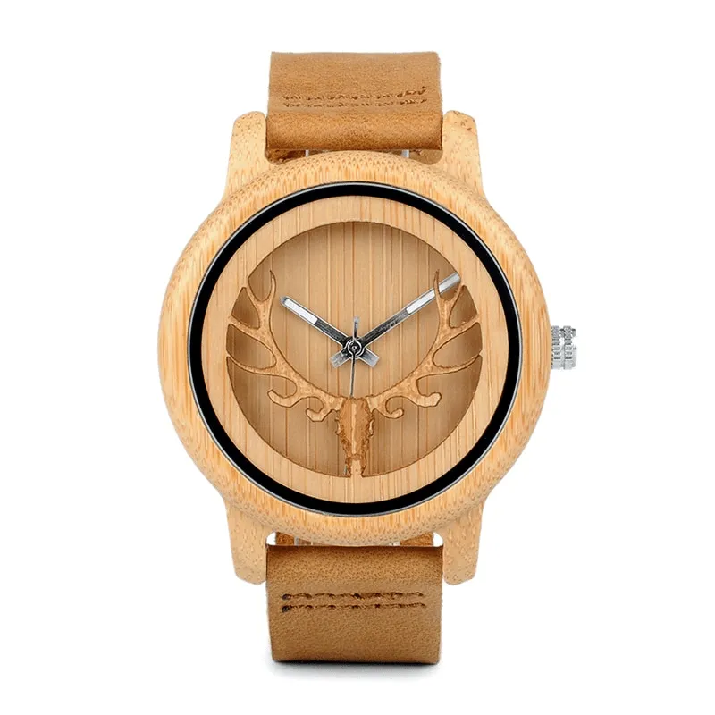 Deer Design Bamboo Wood Genuine Leather Unisex Watches
