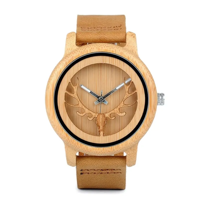 Deer Design Bamboo Wood Genuine Leather Unisex Watches