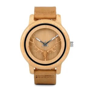 Deer Design Bamboo Wood Genuine Leather Unisex Watches