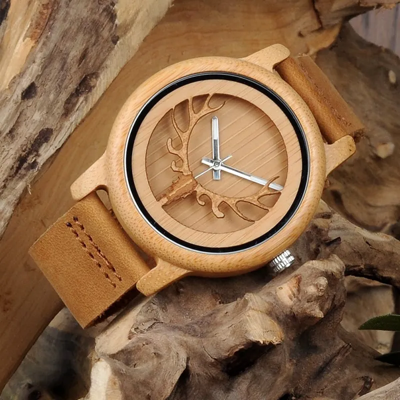 Deer Design Bamboo Wood Genuine Leather Unisex Watches