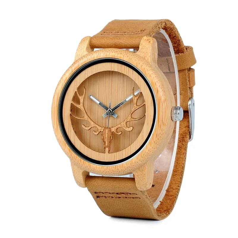 Deer Design Bamboo Wood Genuine Leather Unisex Watches