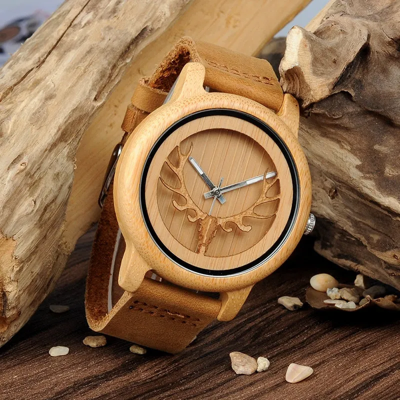 Deer Design Bamboo Wood Genuine Leather Unisex Watches