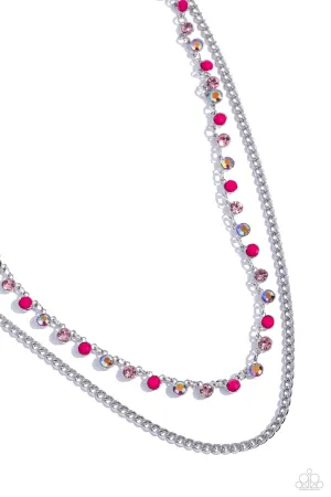 Delicate Dame - Pink - and Iridescent Rhinestone and Bead Tiered Paparazzi Short Necklace