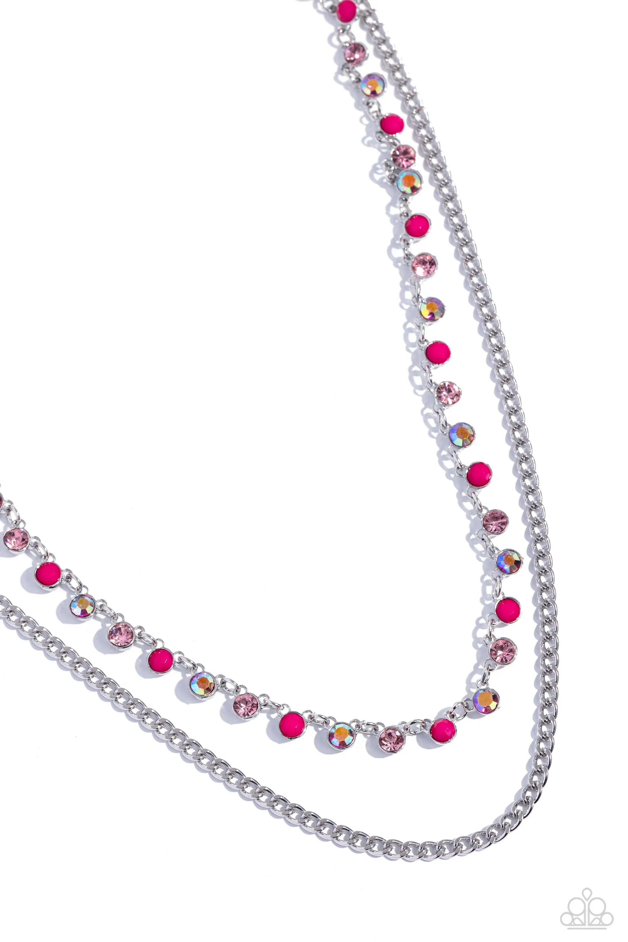 Delicate Dame - Pink - and Iridescent Rhinestone and Bead Tiered Paparazzi Short Necklace