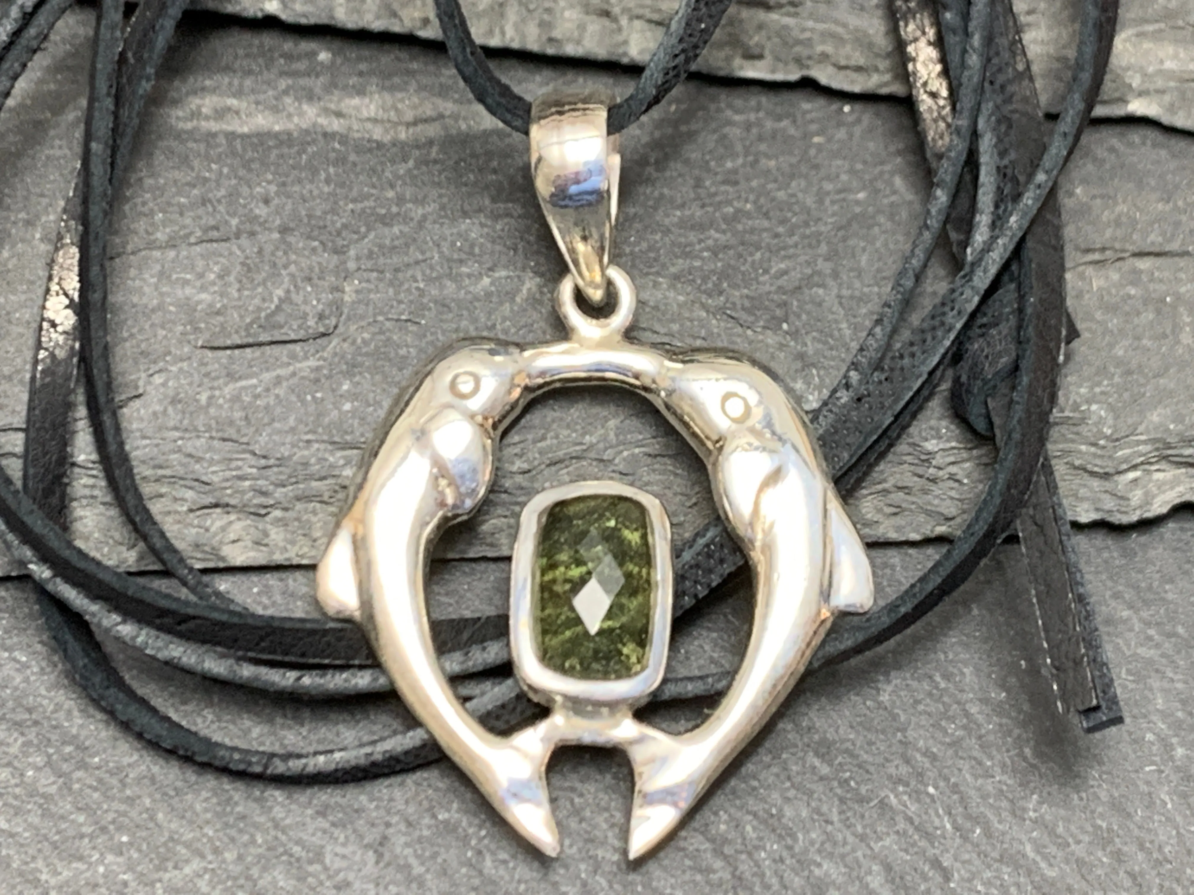 Dolphin's couple - Moldavite & Sterling Silver