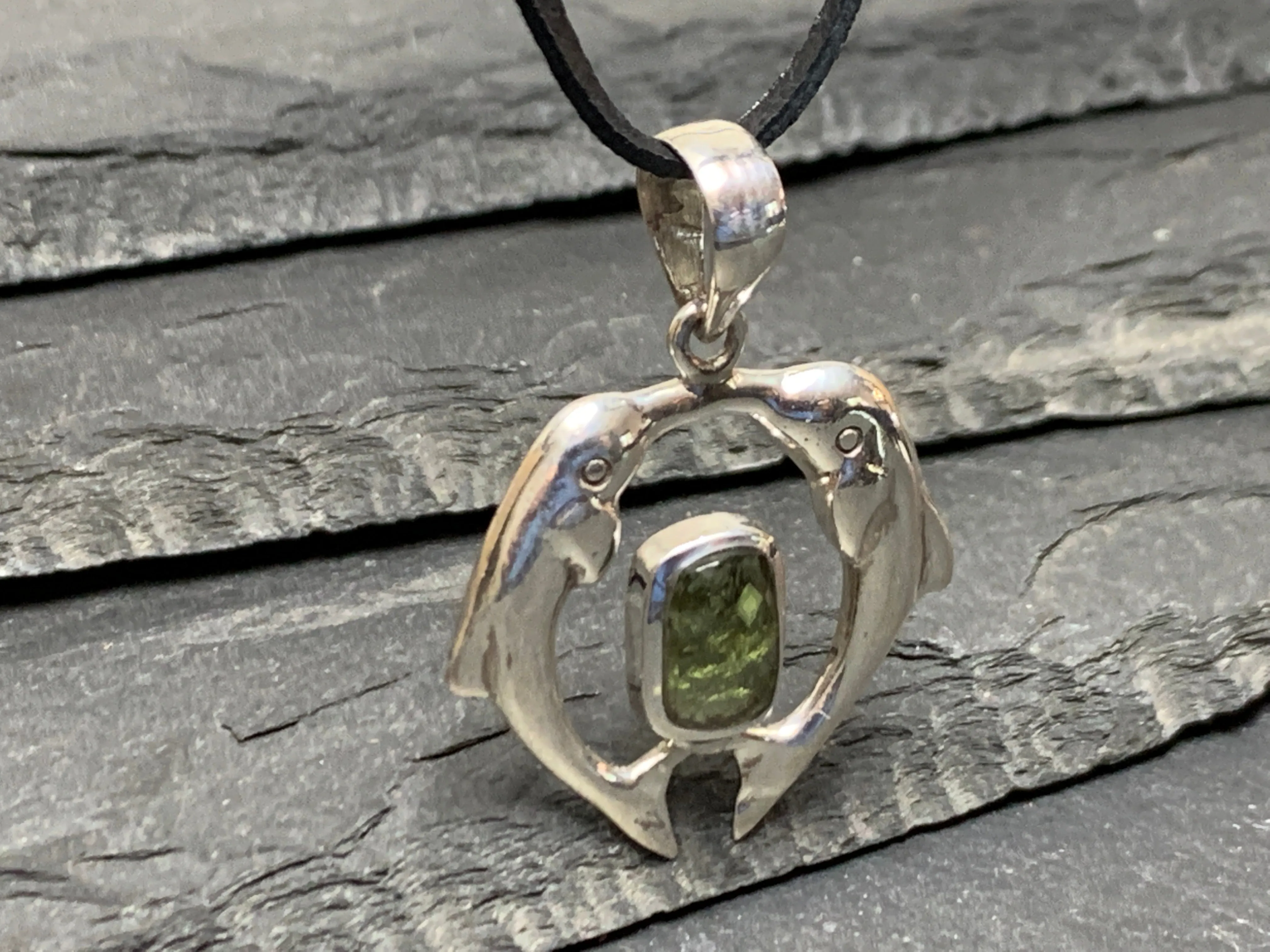 Dolphin's couple - Moldavite & Sterling Silver