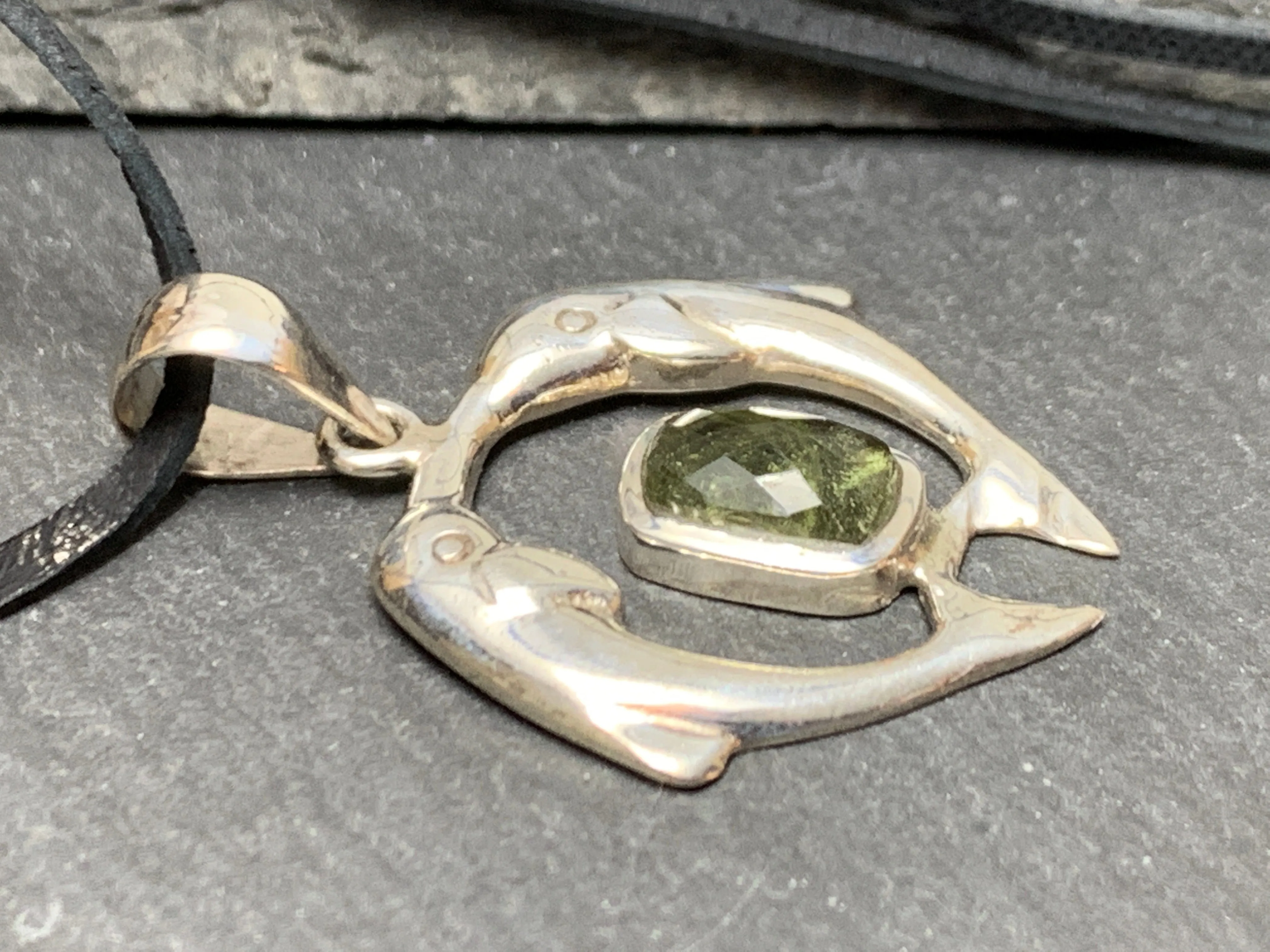Dolphin's couple - Moldavite & Sterling Silver