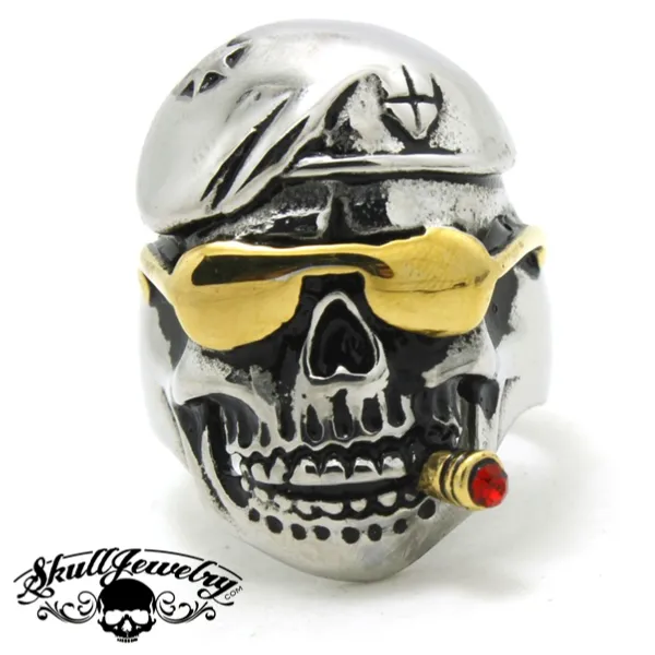 DON’T TREAD ON ME – DAMN YANKEES Skull Ring With Gold Sun Glasses & Cigar (#410)