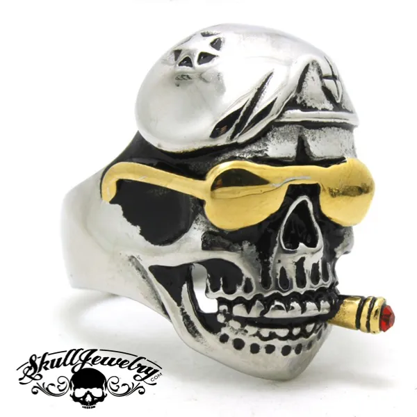 DON’T TREAD ON ME – DAMN YANKEES Skull Ring With Gold Sun Glasses & Cigar (#410)