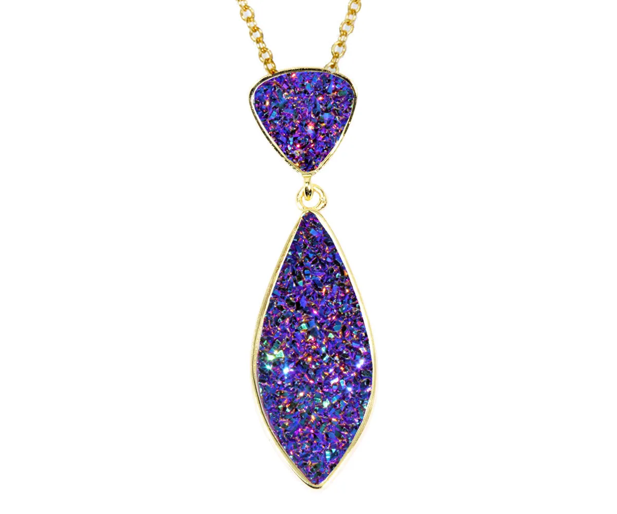 Double Drop Marquise Purple Druzy 14K Gold Necklace