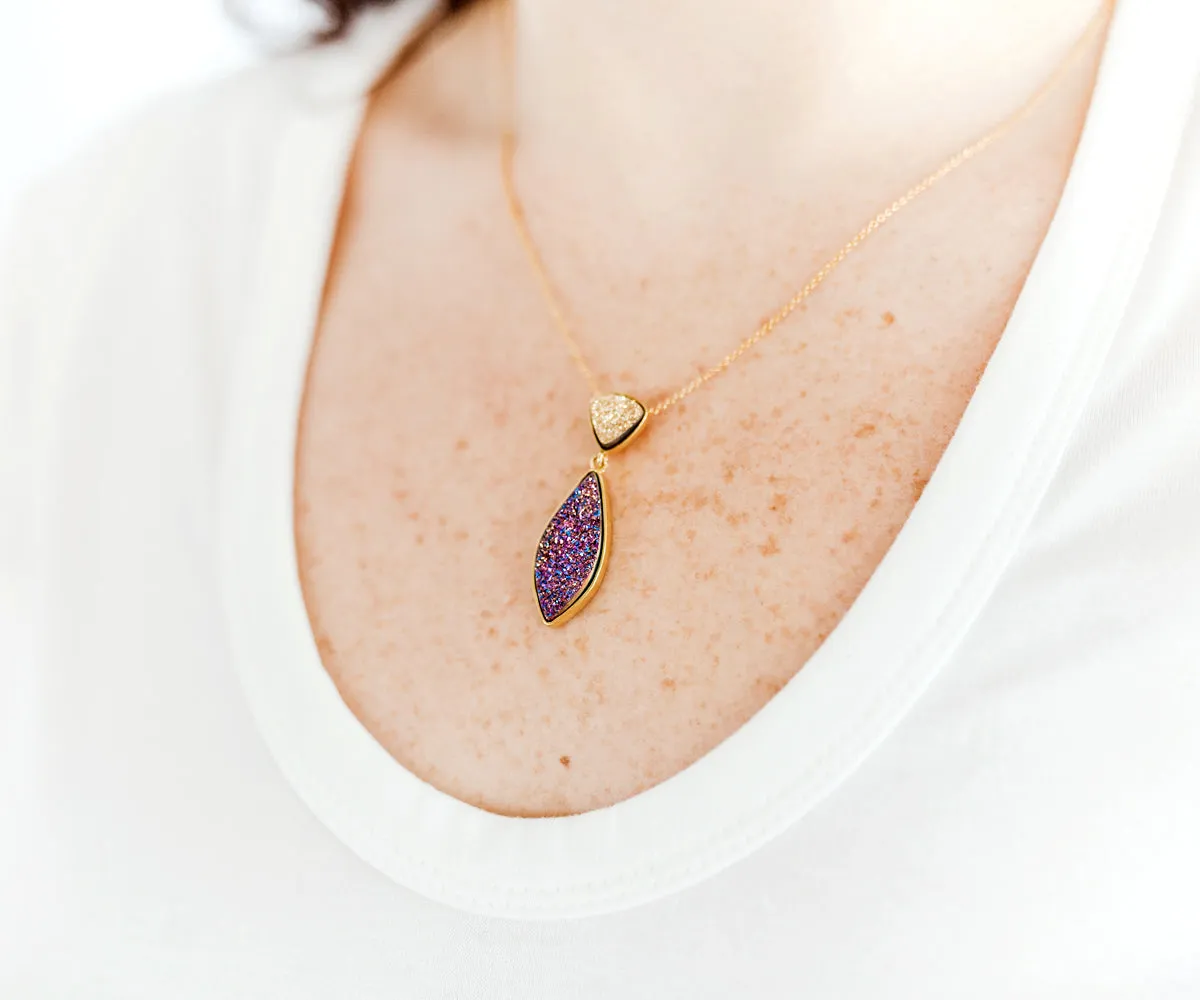 Double Drop Marquise Purple Druzy 14K Gold Necklace