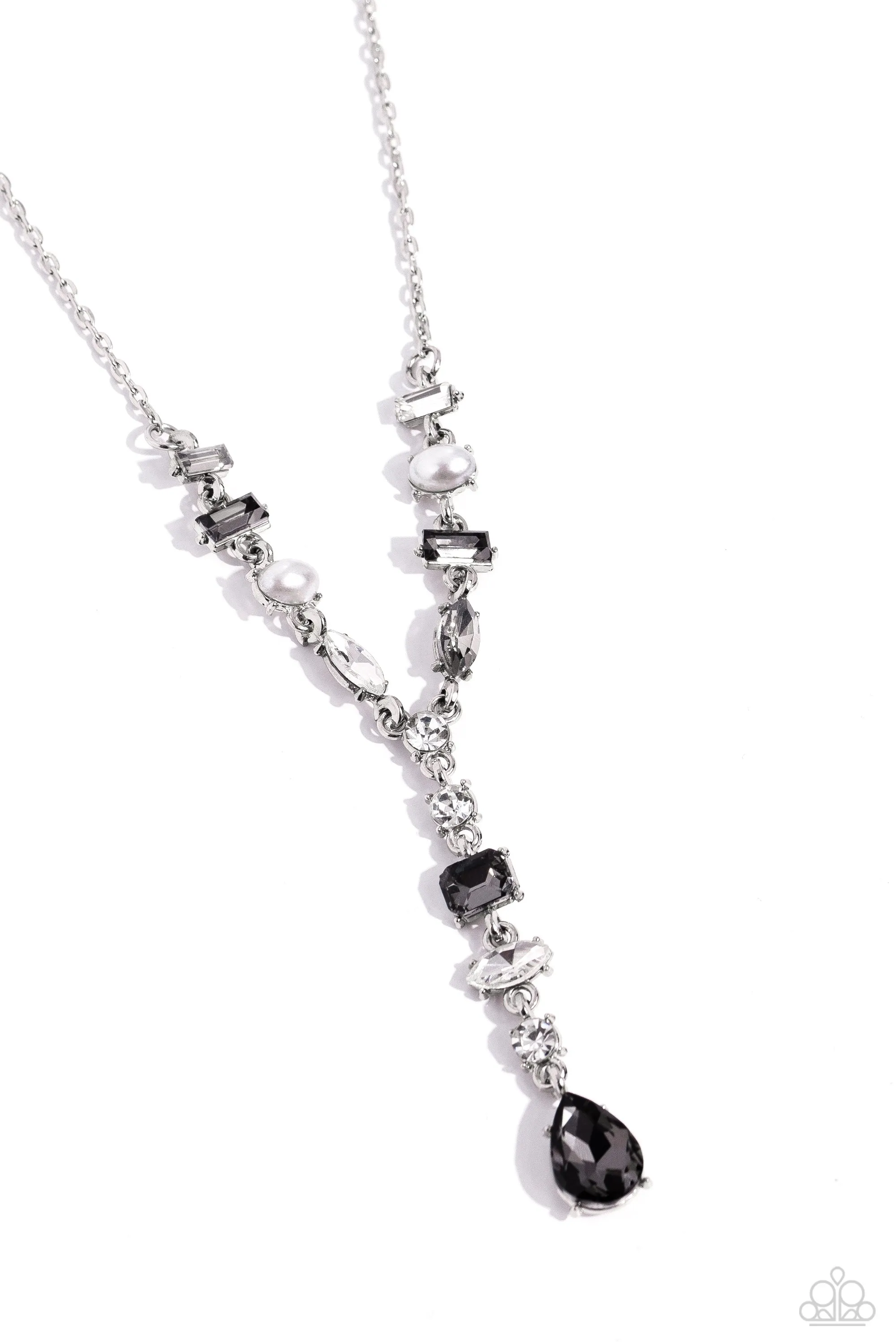 Dreamy Dowry - Silver - Hematite Rhinestone and Pearl Y-Shaped Paparazzi Short Necklace