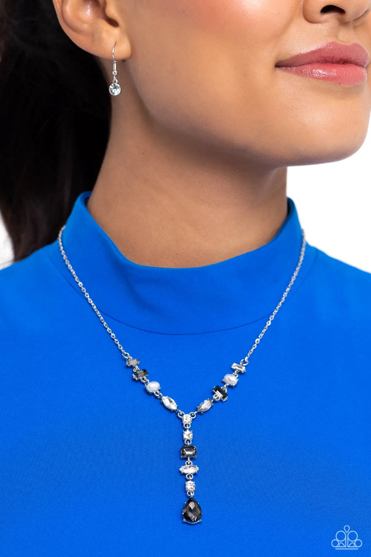 Dreamy Dowry - Silver - Hematite Rhinestone and Pearl Y-Shaped Paparazzi Short Necklace