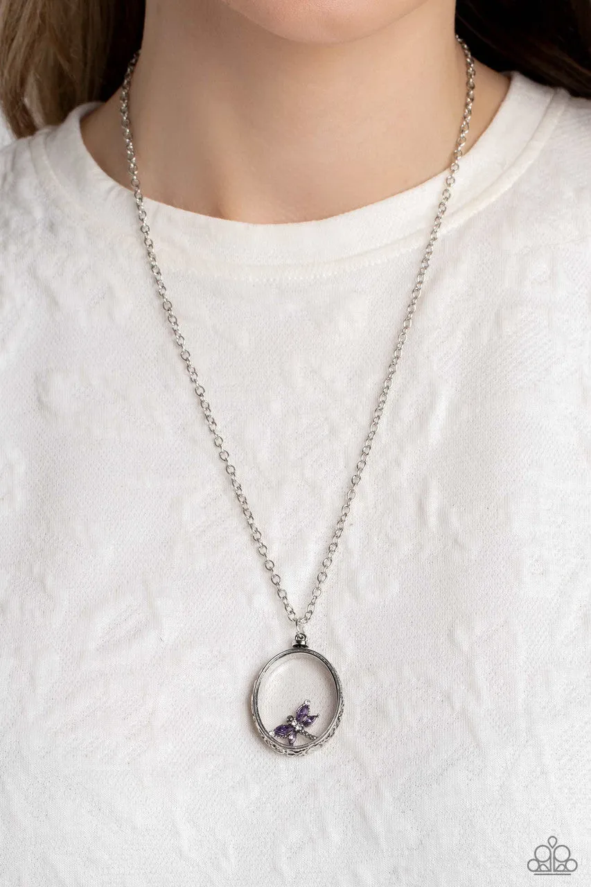 Dynamic Dragonfly - Purple - Rhinestone Suspended Pendant Paparazzi Short Necklace