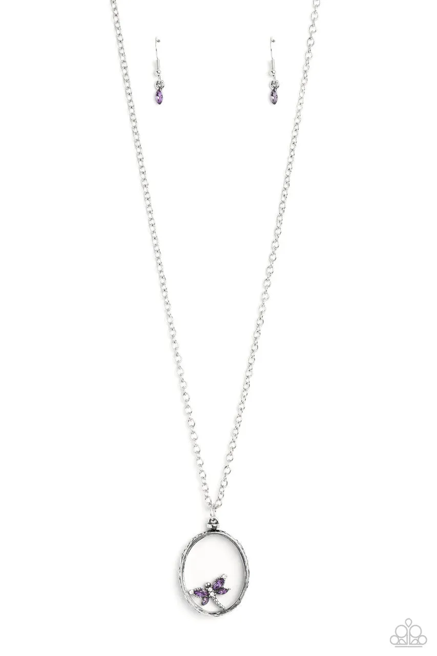 Dynamic Dragonfly - Purple - Rhinestone Suspended Pendant Paparazzi Short Necklace