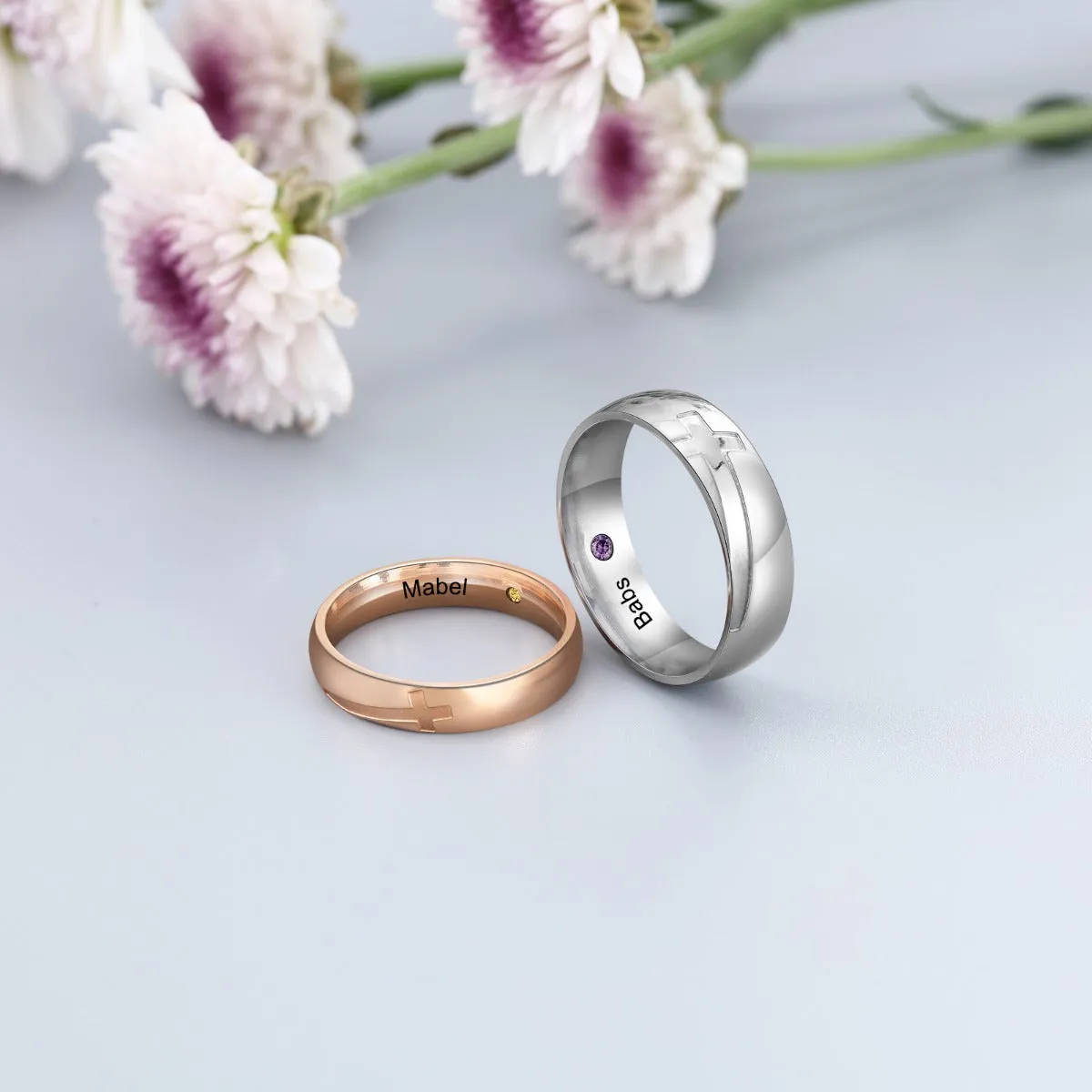 Engraved Stainless Steel Cross Couple Rings