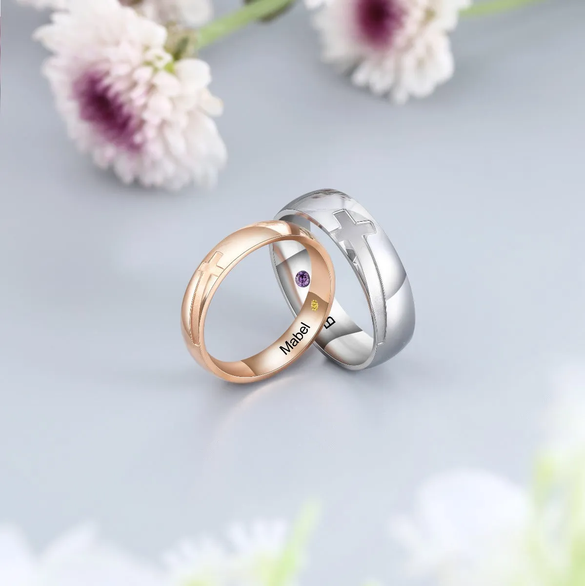 Engraved Stainless Steel Cross Couple Rings