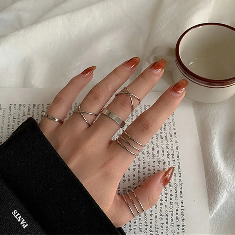 Fashion Women Ring Set Punk Cool Anillos Vintage Simple Black Cross Chain Joint Rings Sets Women Accessories Jewelry Gifts Party