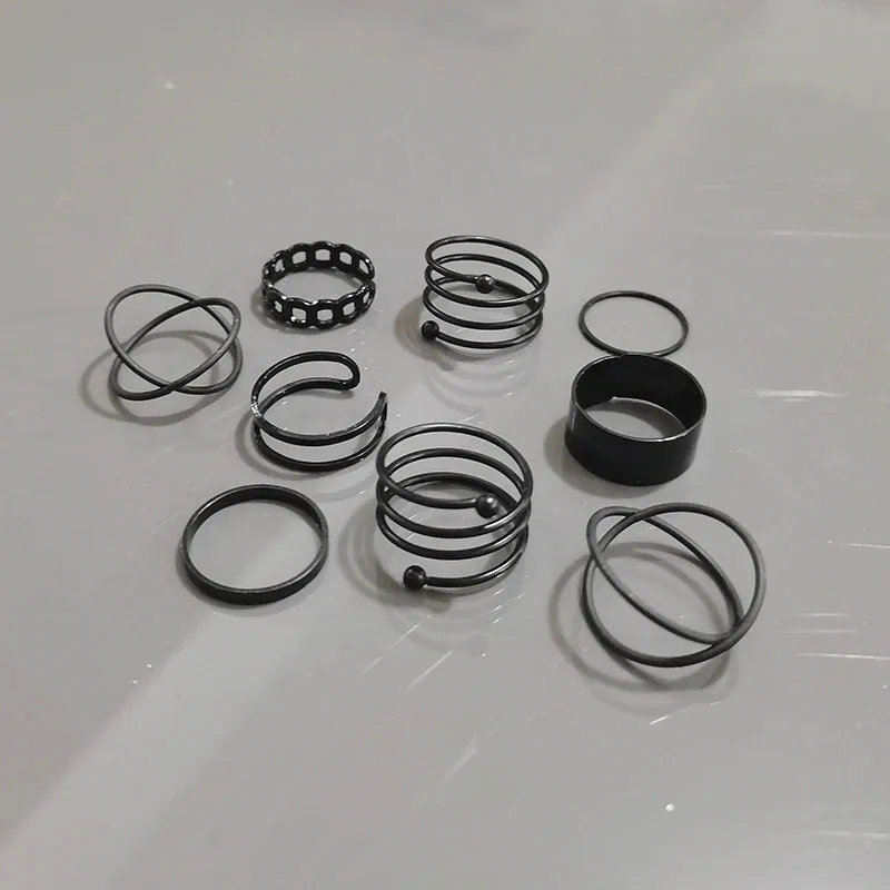 Fashion Women Ring Set Punk Cool Anillos Vintage Simple Black Cross Chain Joint Rings Sets Women Accessories Jewelry Gifts Party