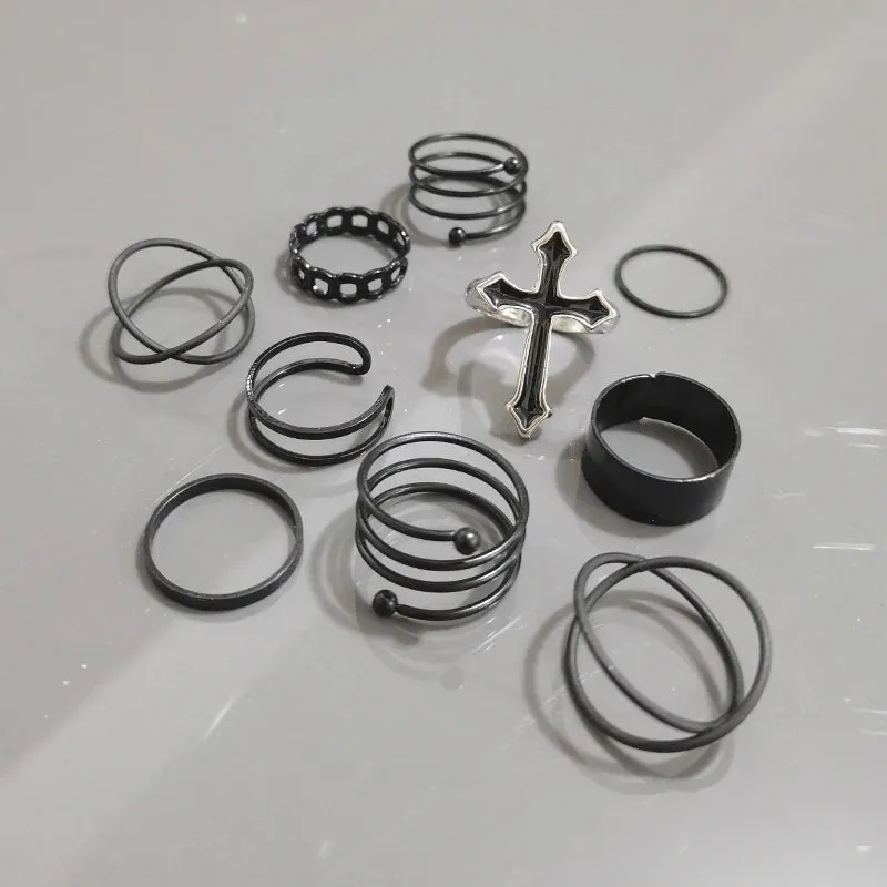 Fashion Women Ring Set Punk Cool Anillos Vintage Simple Black Cross Chain Joint Rings Sets Women Accessories Jewelry Gifts Party