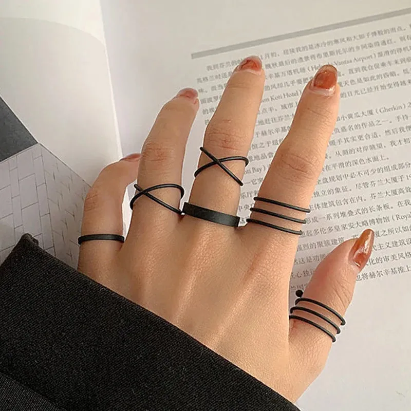 Fashion Women Ring Set Punk Cool Anillos Vintage Simple Black Cross Chain Joint Rings Sets Women Accessories Jewelry Gifts Party