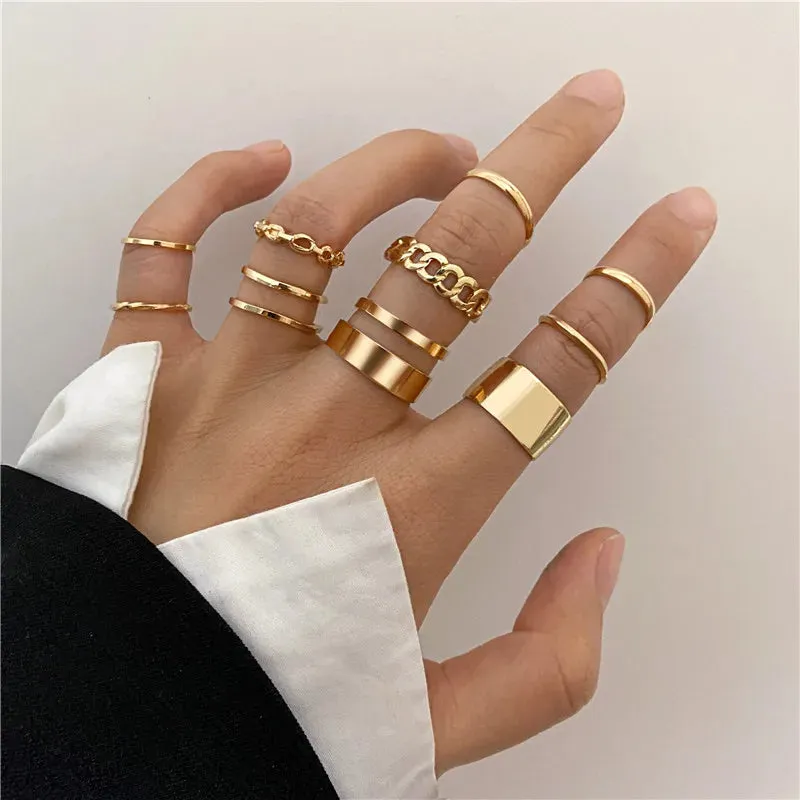 Fashion Women Ring Set Punk Cool Anillos Vintage Simple Black Cross Chain Joint Rings Sets Women Accessories Jewelry Gifts Party