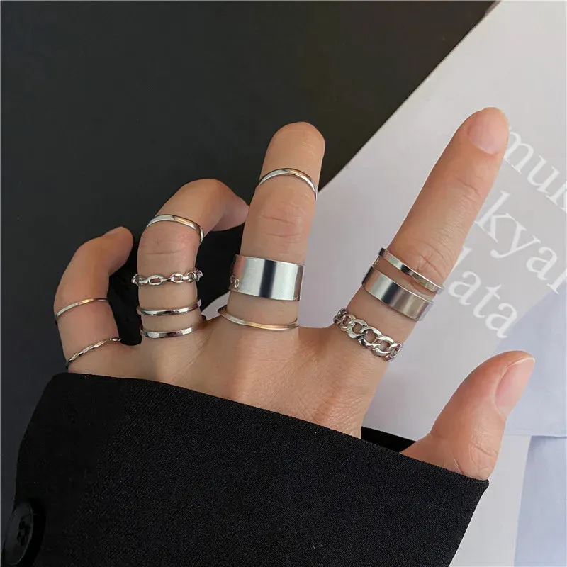 Fashion Women Ring Set Punk Cool Anillos Vintage Simple Black Cross Chain Joint Rings Sets Women Accessories Jewelry Gifts Party