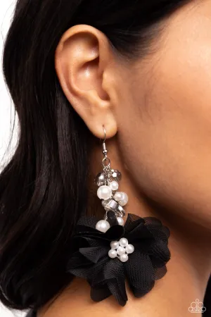 Fashionable Flower Girl - Black - Pearl Center, Smoky Bead Tulle Flower Paparazzi Fishhook Earrings