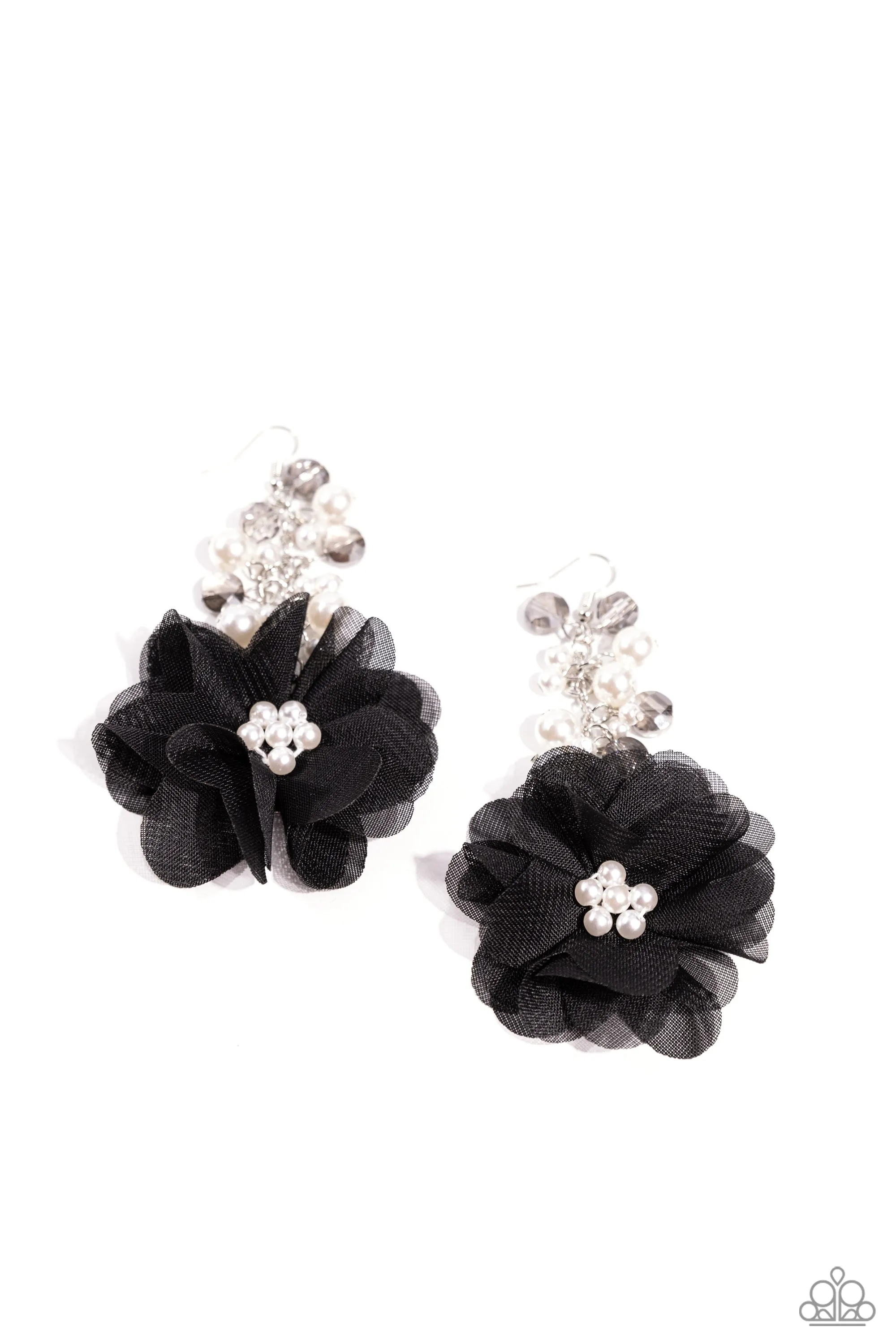Fashionable Flower Girl - Black - Pearl Center, Smoky Bead Tulle Flower Paparazzi Fishhook Earrings