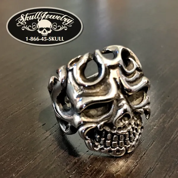 Flaming Skull Ring With A Smile On The Face (#004)