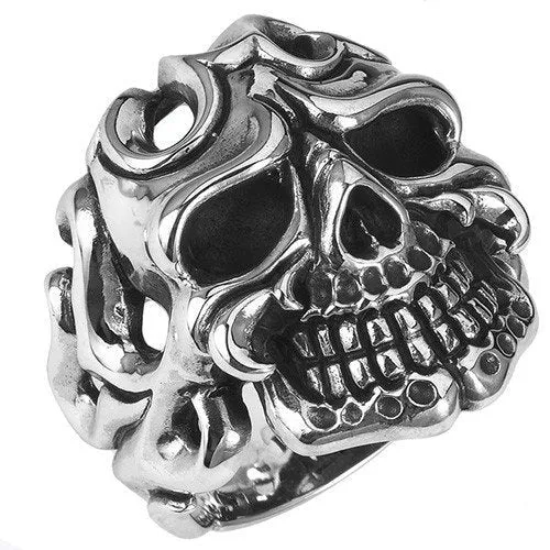 Flaming Skull Ring With A Smile On The Face (#004)