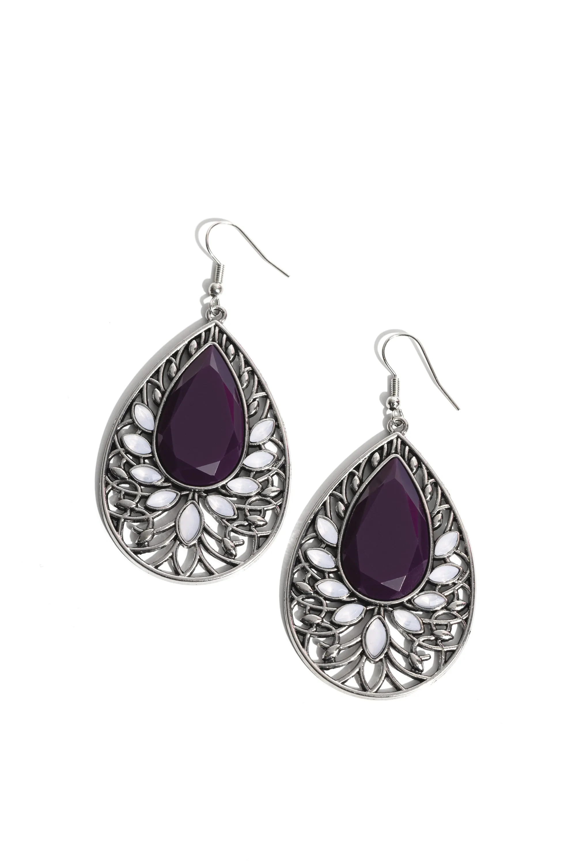 Floral Fairytale - Purple - Oversized Teardrop Bead White Opalescent Bead Paparazzi Fishhook Earrings