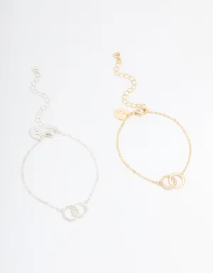 Gold & Silver Plated Brass Cubic Zirconia Link Bracelets 2-Pack