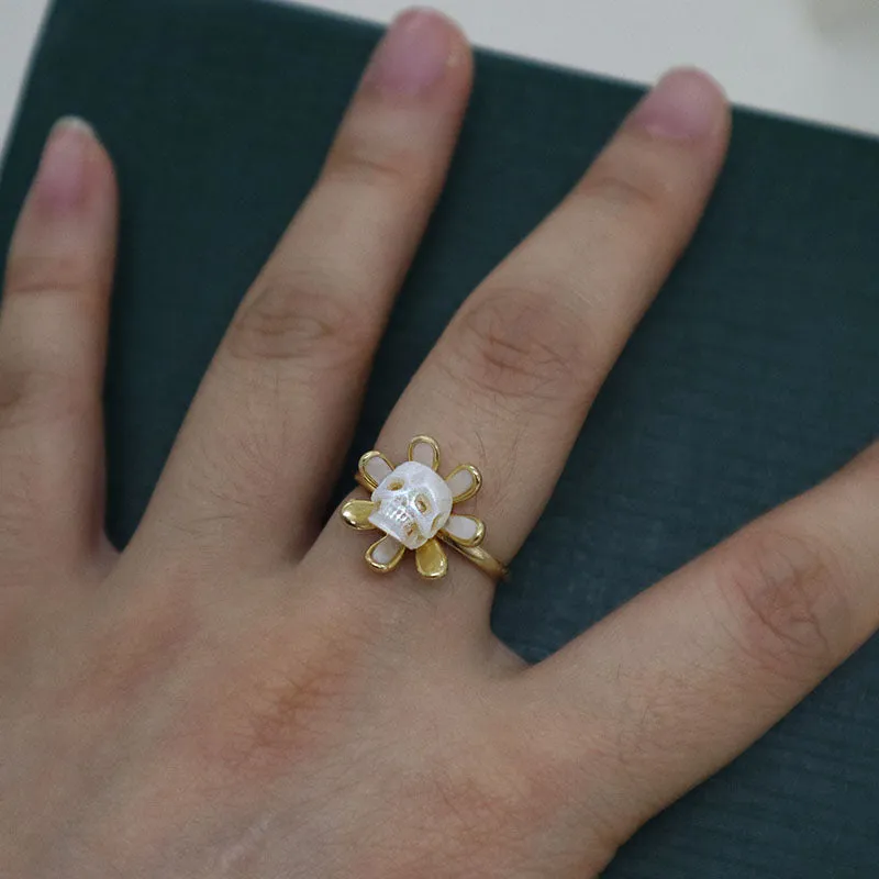 Golden Daisy Pearl Skull Ring