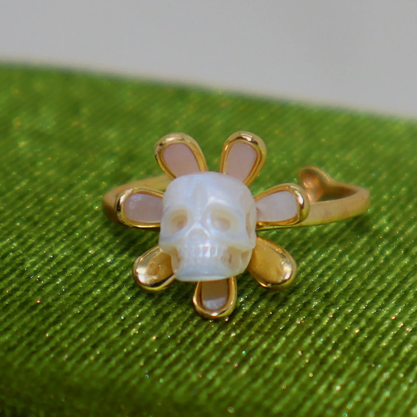 Golden Daisy Pearl Skull Ring