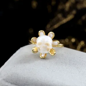 Golden Daisy Pearl Skull Ring