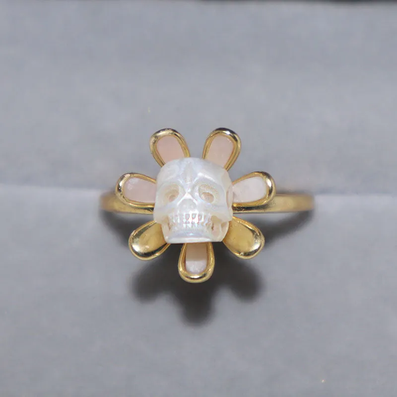 Golden Daisy Pearl Skull Ring
