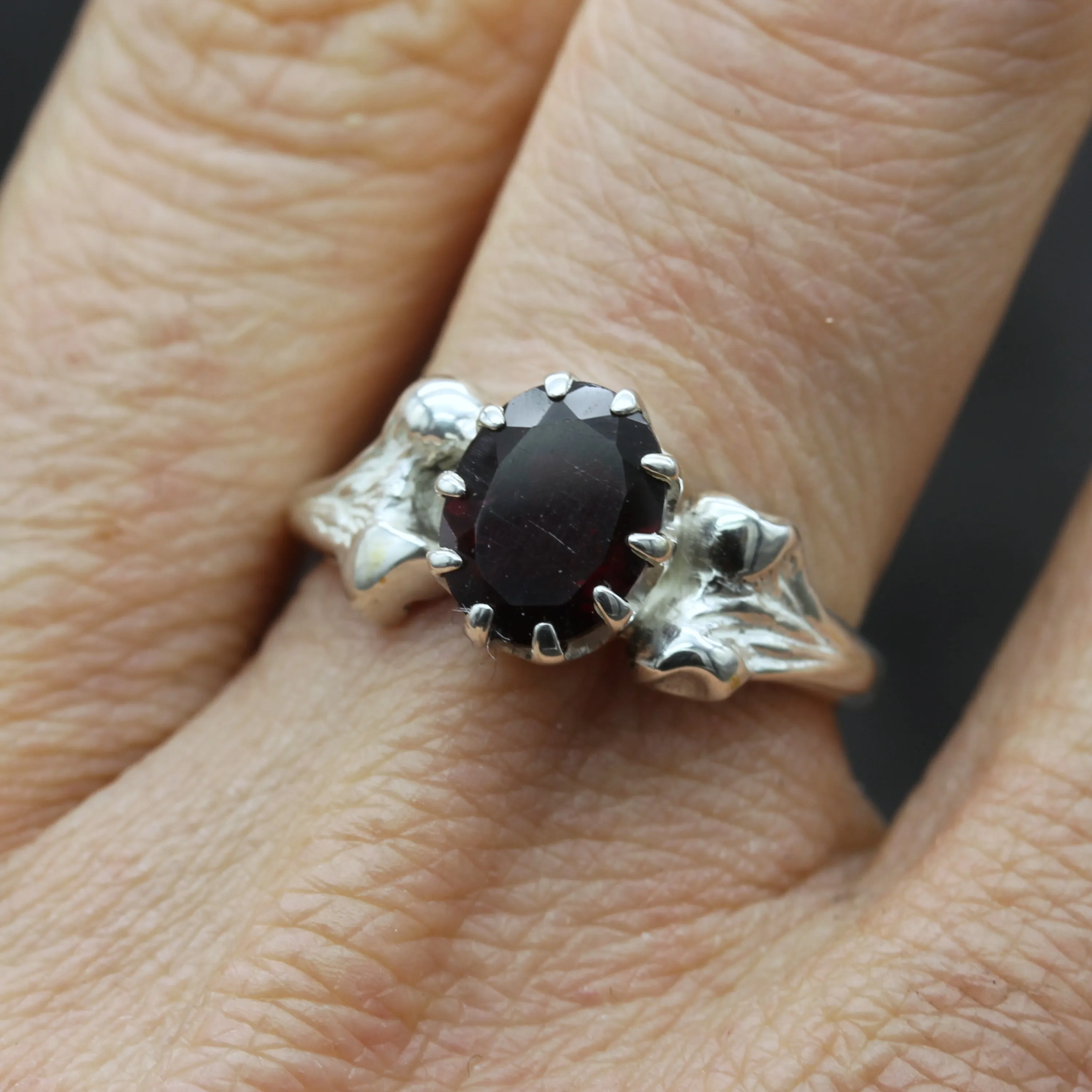 Gothic Bone Engagement Ring - Oval Garnet