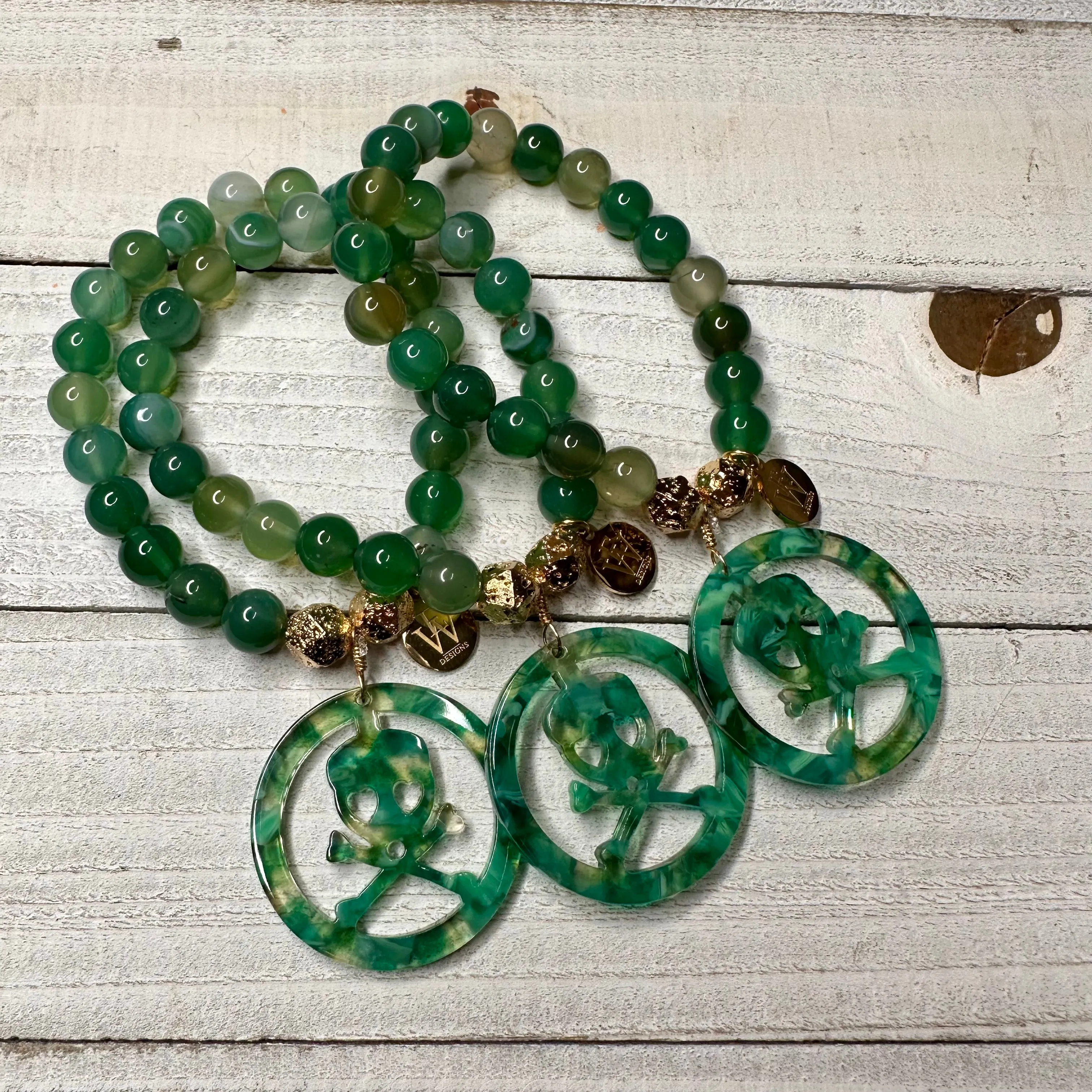 Green 6mm Agate Beads Bracelet with an acetate crossbones and skull charm 410-11 | Erika Williner Designs
