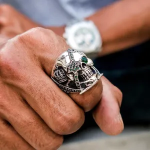 Green Emerald Crown Pirate Sterling Silver Skull Ring