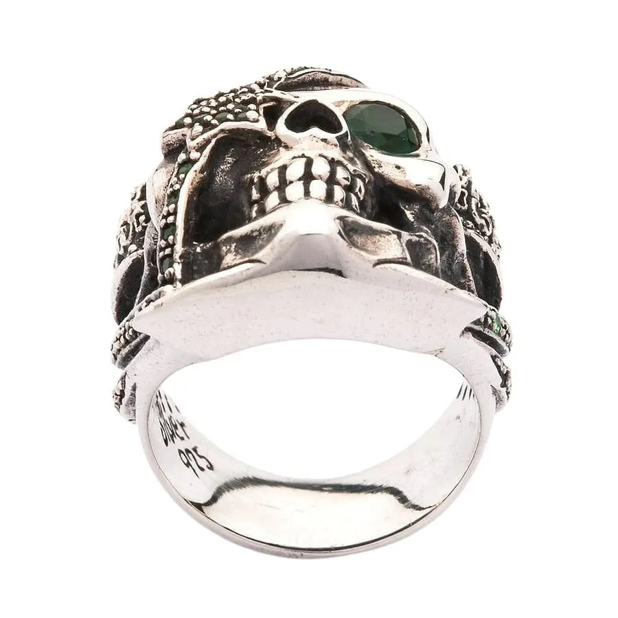 Green Emerald Crown Pirate Sterling Silver Skull Ring