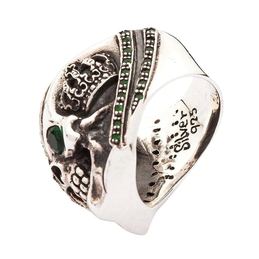 Green Emerald Crown Pirate Sterling Silver Skull Ring