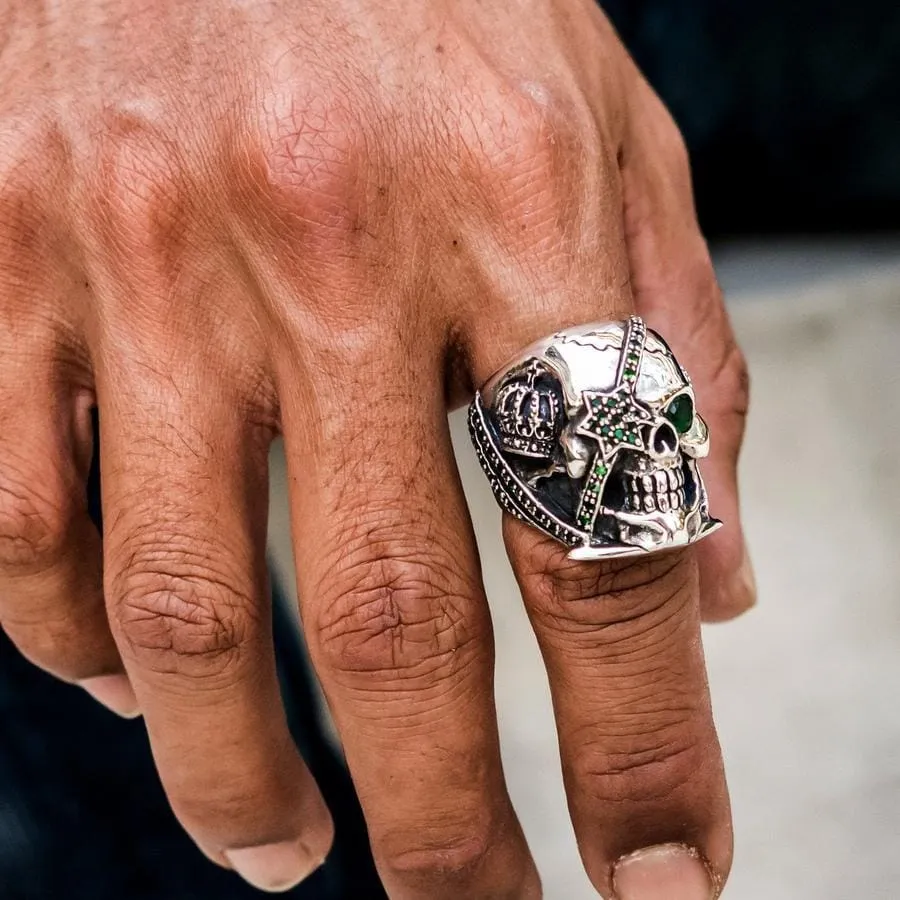 Green Emerald Crown Pirate Sterling Silver Skull Ring