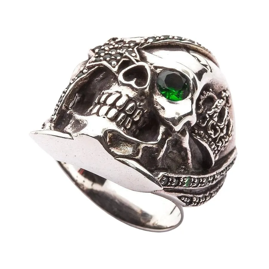Green Emerald Crown Pirate Sterling Silver Skull Ring