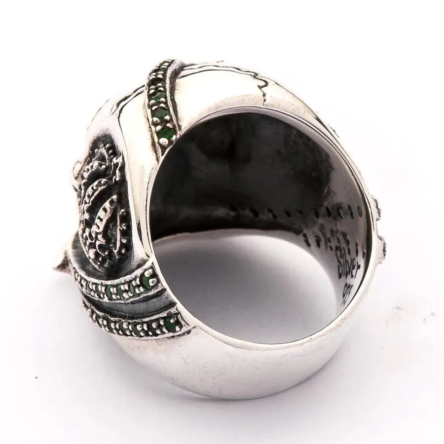 Green Emerald Crown Pirate Sterling Silver Skull Ring