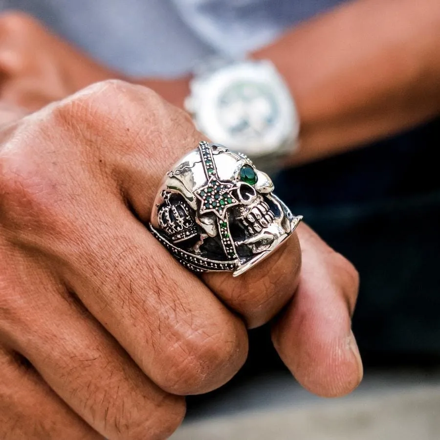 Green Emerald Crown Pirate Sterling Silver Skull Ring