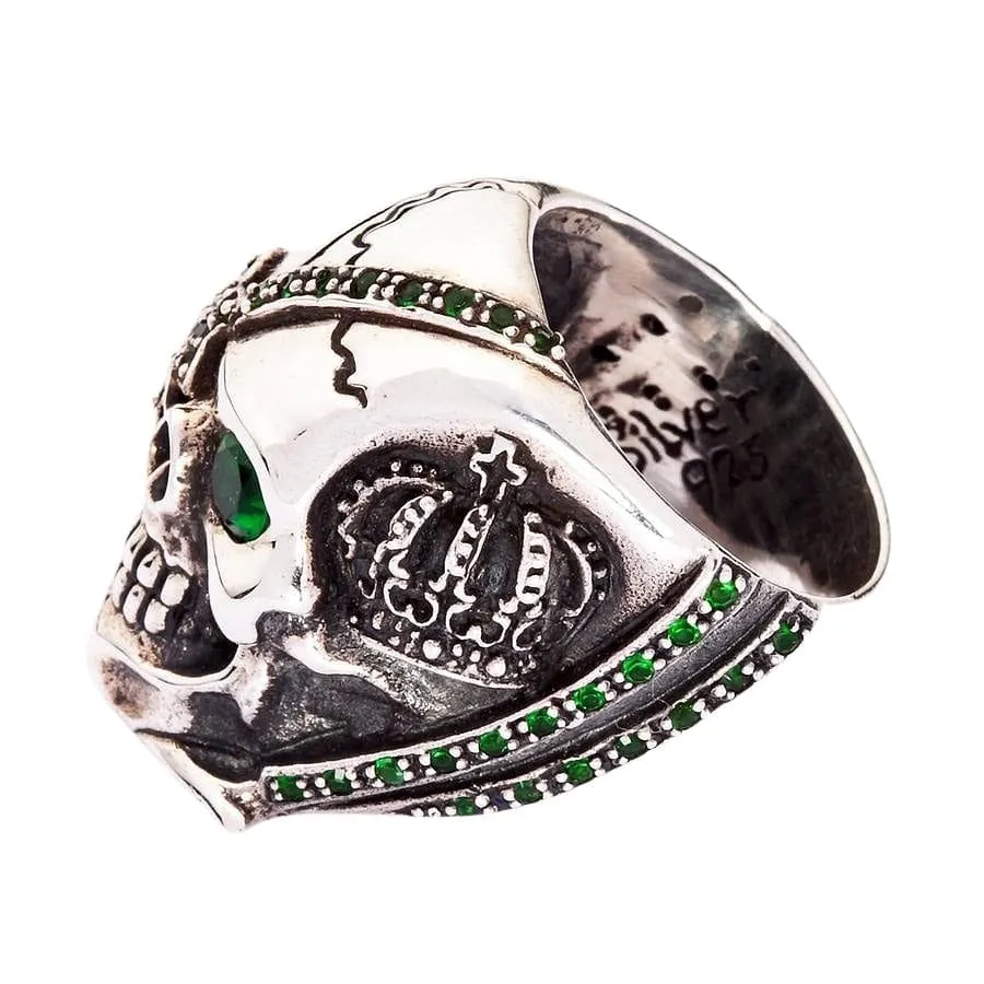Green Emerald Crown Pirate Sterling Silver Skull Ring